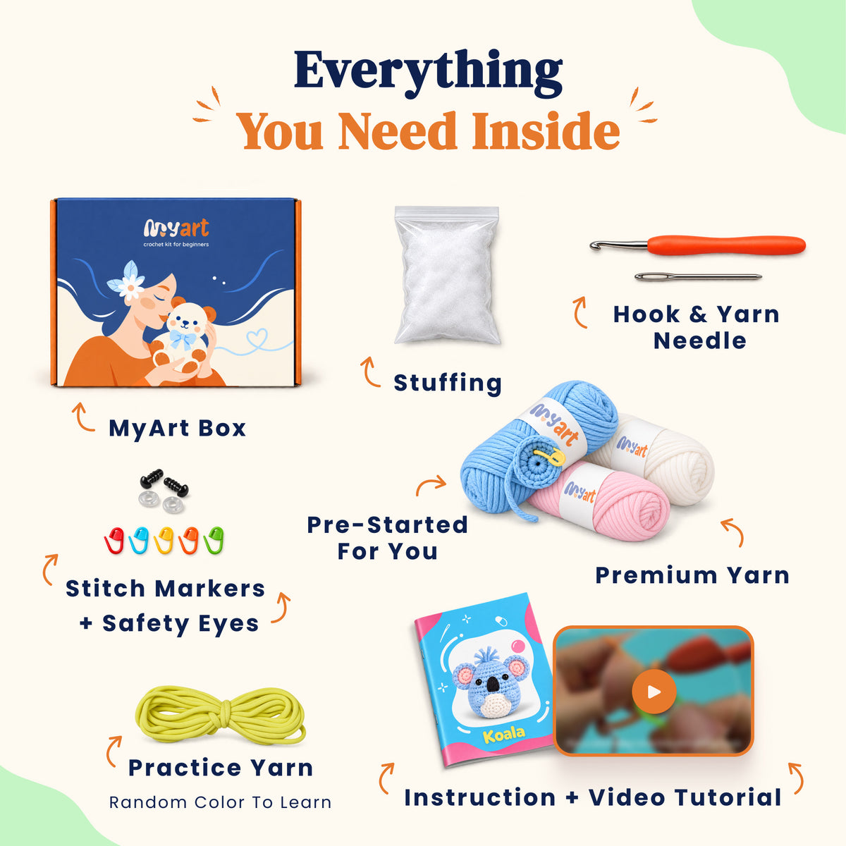 Contents and illustrated project guide for the Sky Blue Koala crochet kit