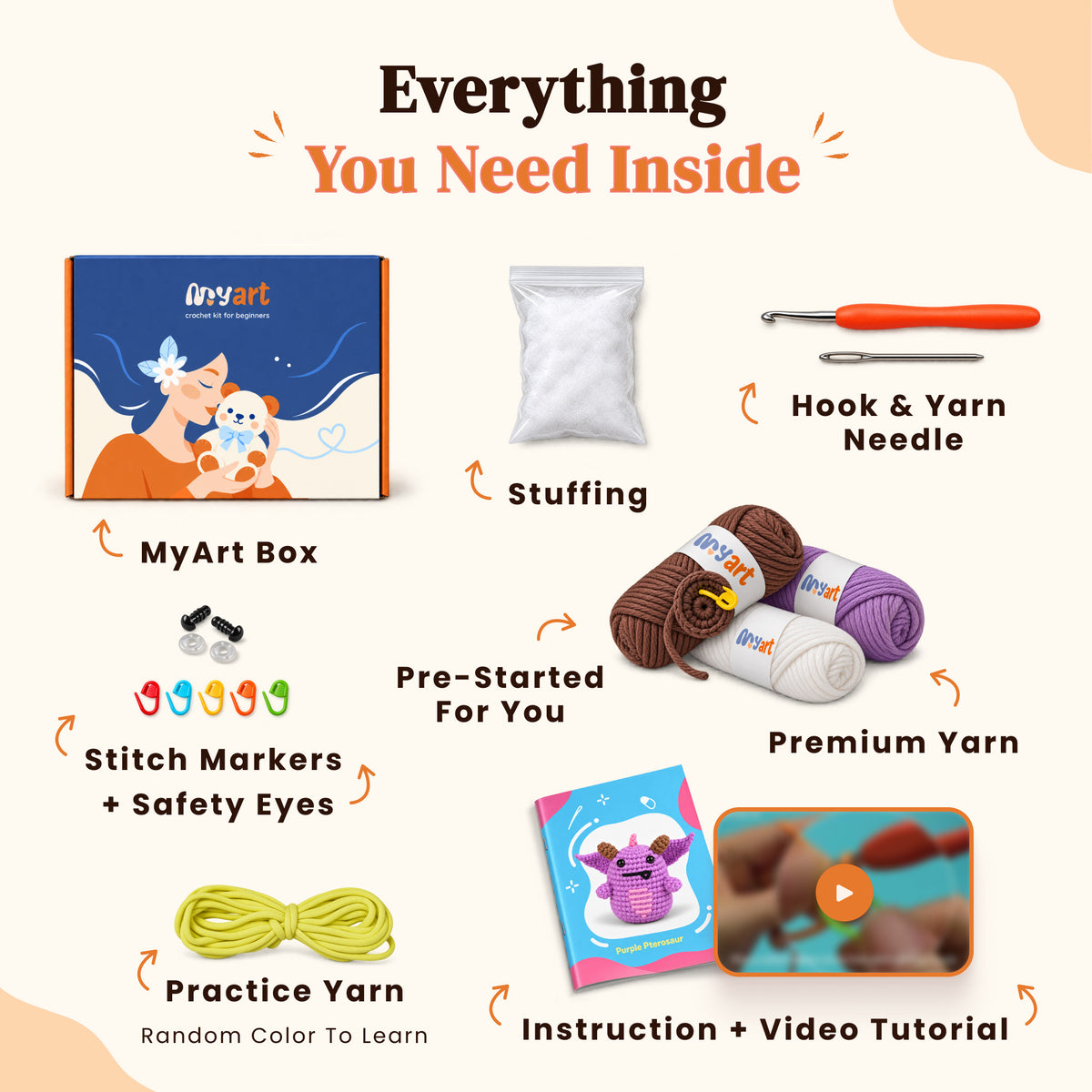 Contents and illustrated project guide for the Lilac Little Dragon crochet kit