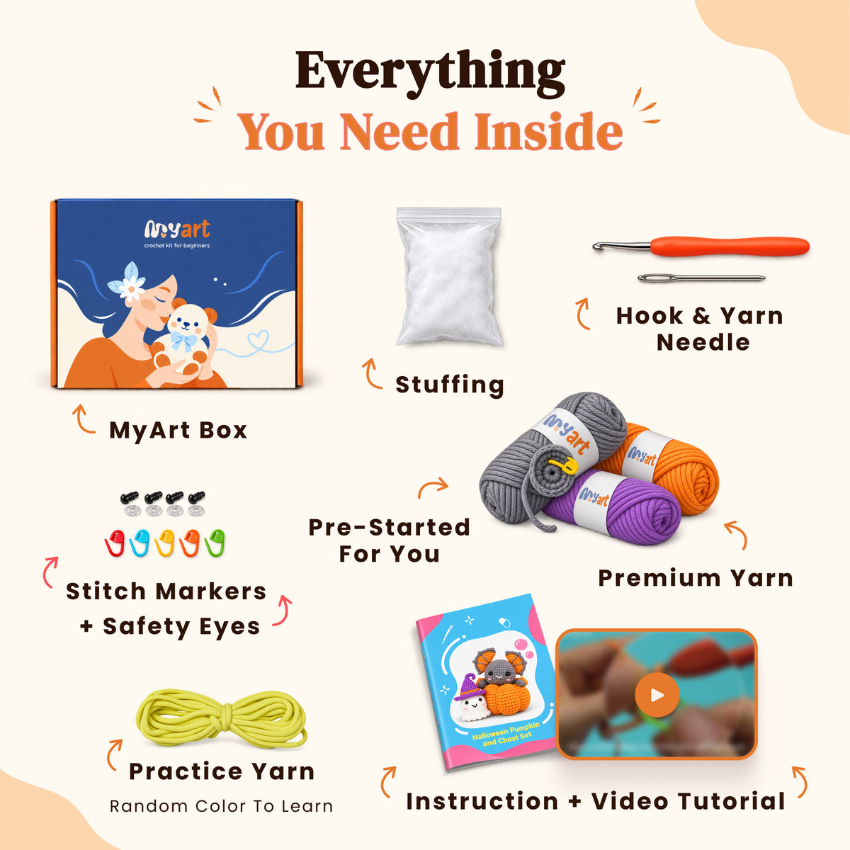 Contents and illustrated project guide for the Pumpkin Moon Friends crochet kit