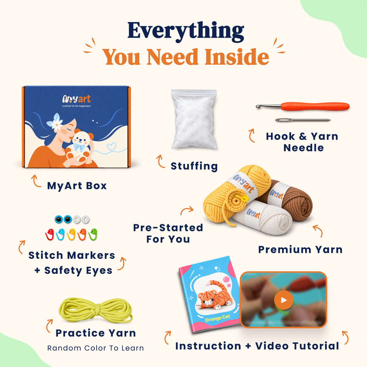 Contents and illustrated project guide for the Marmalade Stretch Cat crochet kit