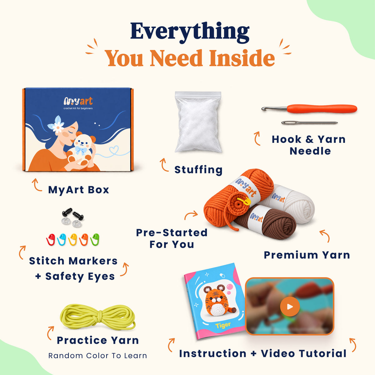 Contents and illustrated project guide for the Tangerine Tiger crochet kit