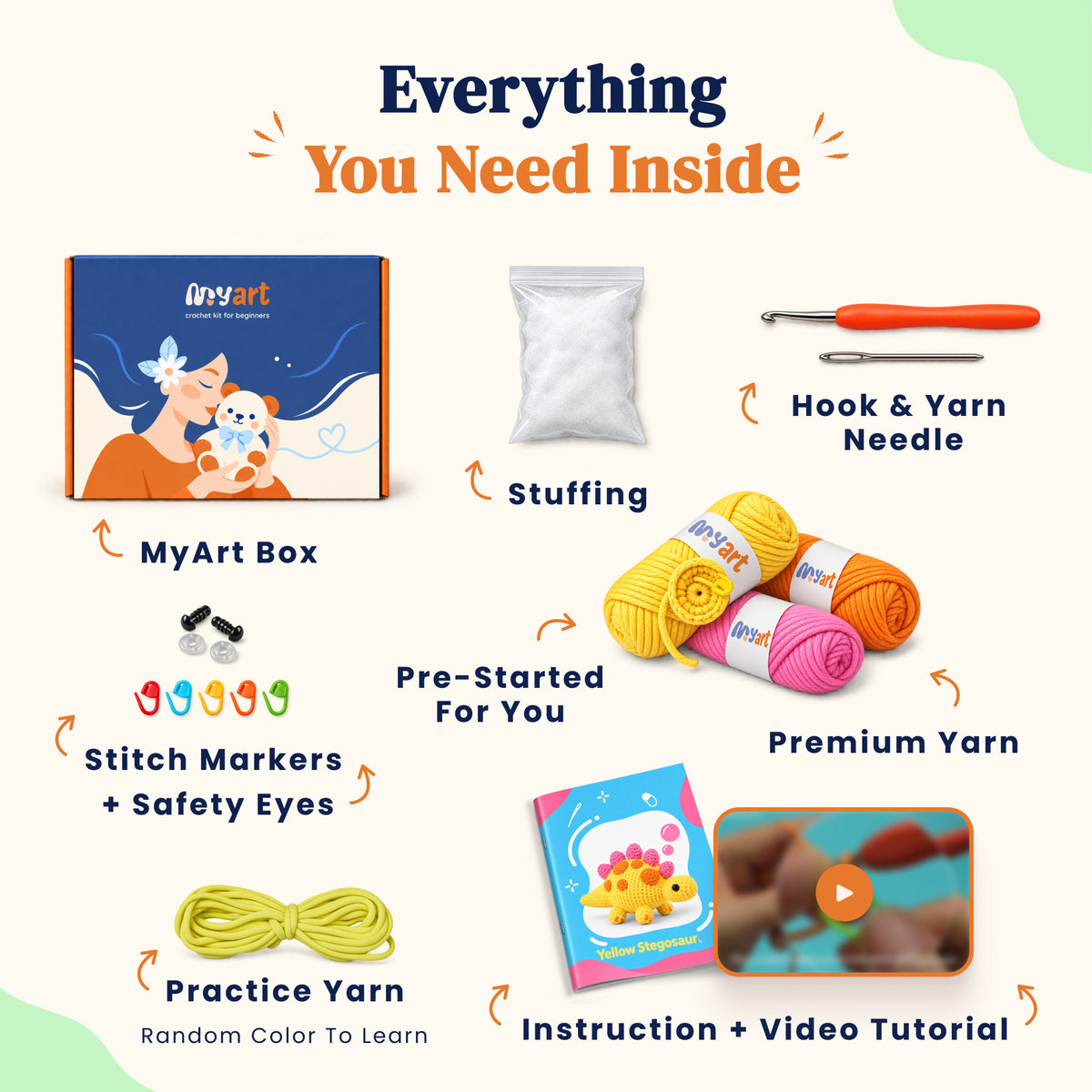 Contents and illustrated project guide for the Sunshine Stegosaurus crochet kit