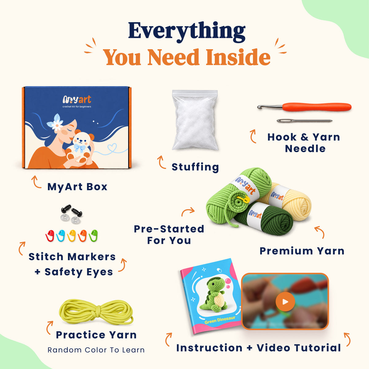 Contents and illustrated project guide for the Clover Little Dino crochet kit