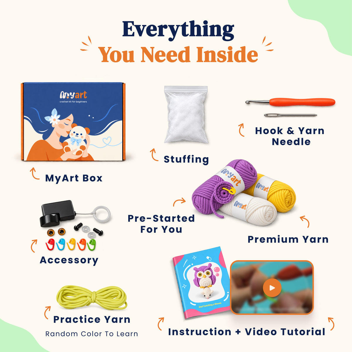 Contents and illustrated project guide for the Twilight Owl and Mouse crochet kit