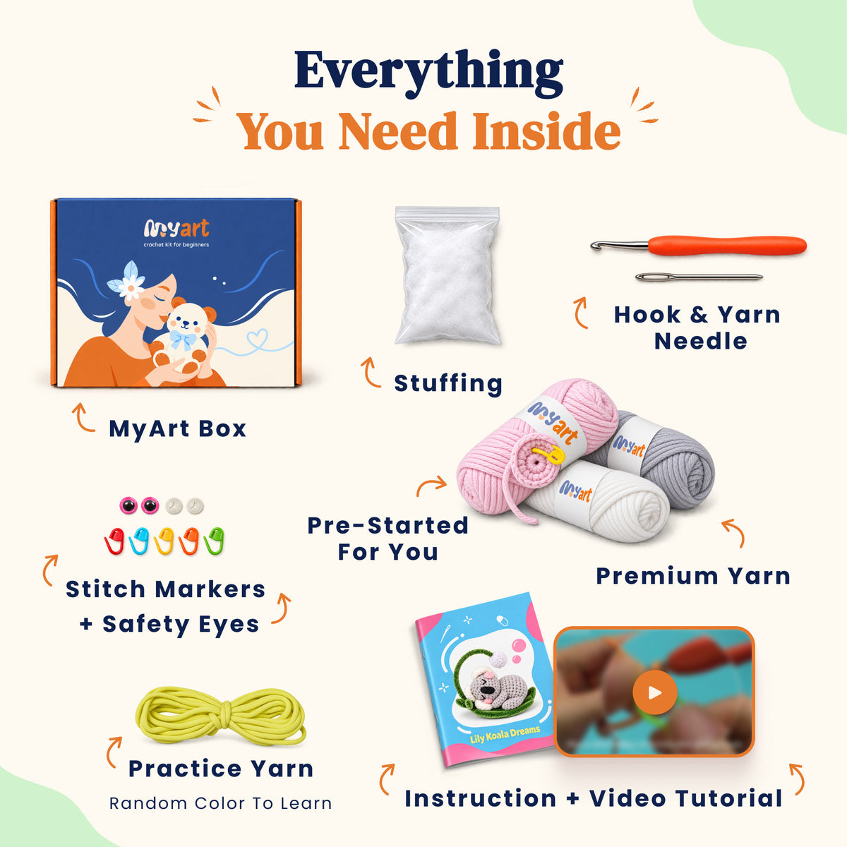 Contents and illustrated project guide for the Dreamy Koala Pals crochet kit
