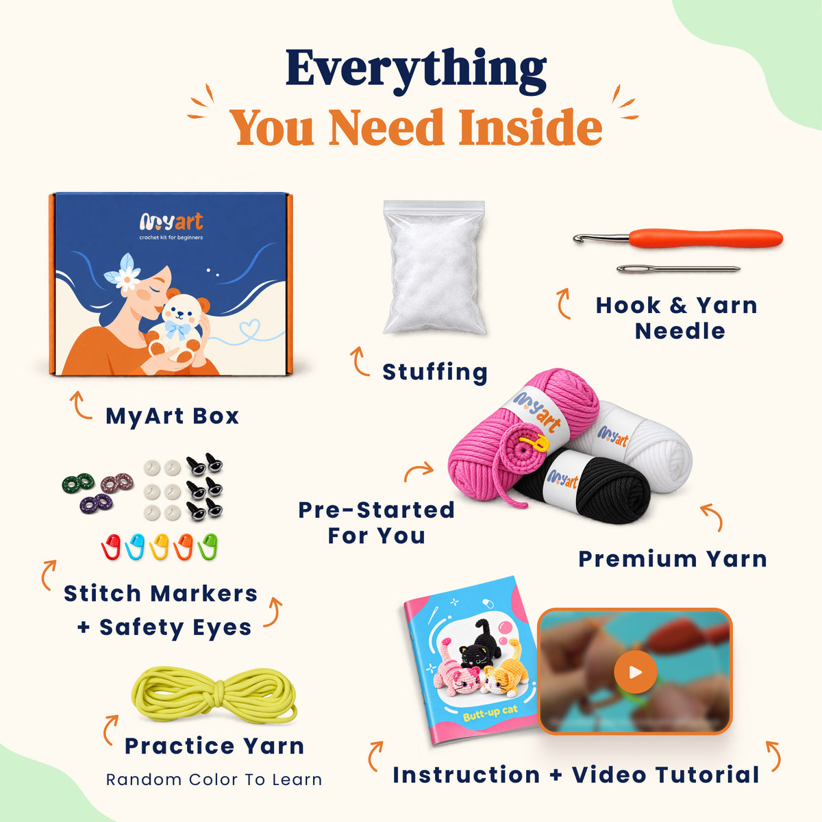 Contents and illustrated project guide for the Playful Paw Trio crochet kit