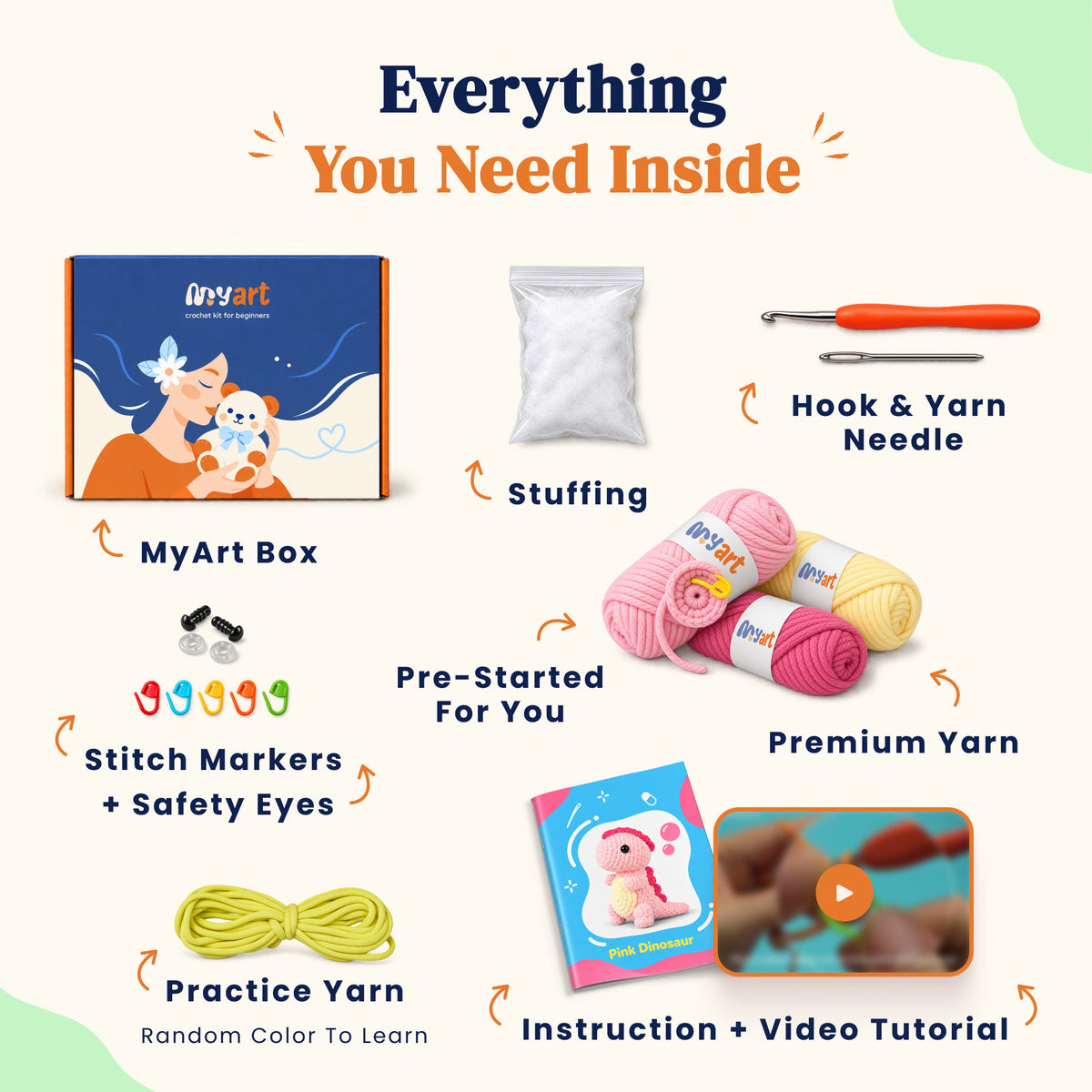 Contents and illustrated project guide for the Blossom Little Dino crochet kit