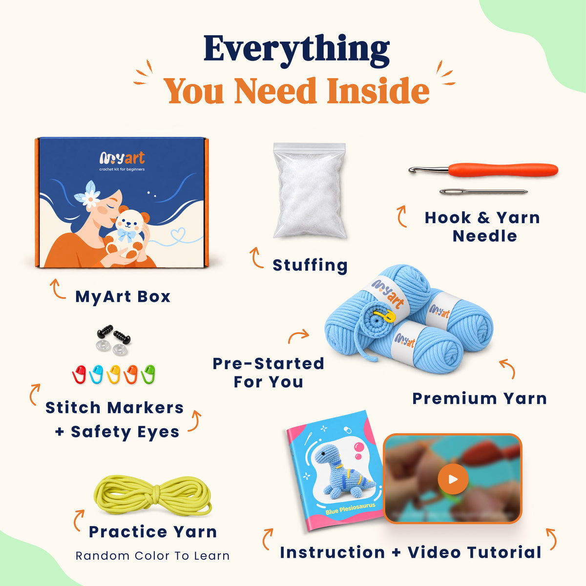 Contents and illustrated project guide for the Sky Blue Longneck crochet kit
