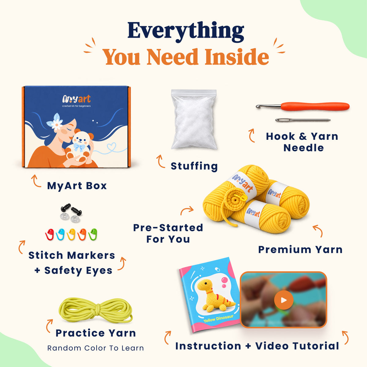Contents and illustrated project guide for the Sunshine Longneck crochet kit