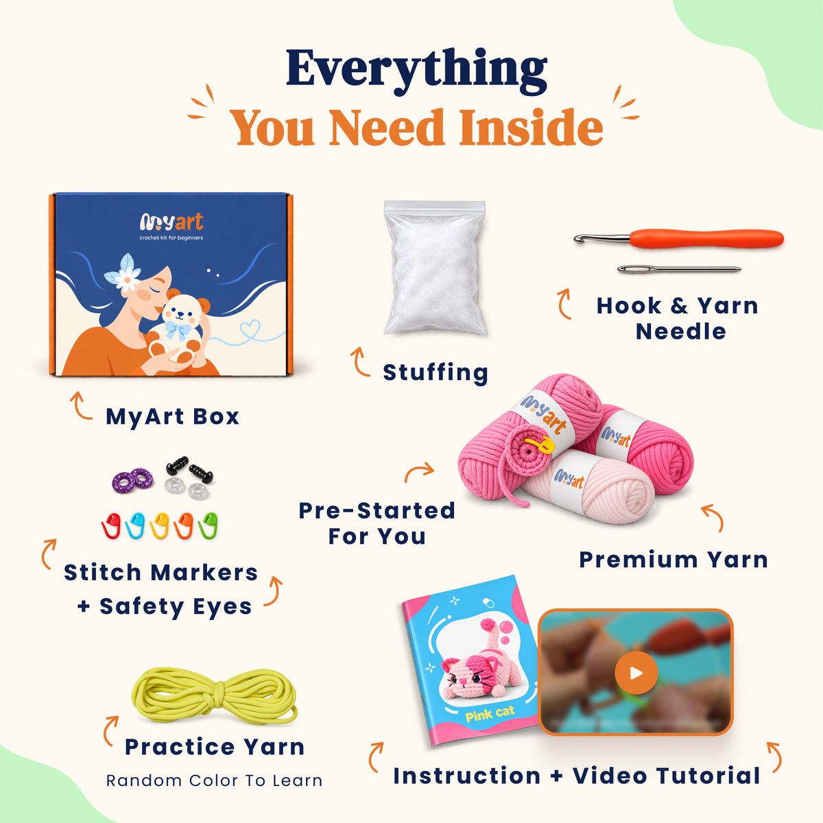Contents and illustrated project guide for the Rosebud Stretch Cat crochet kit