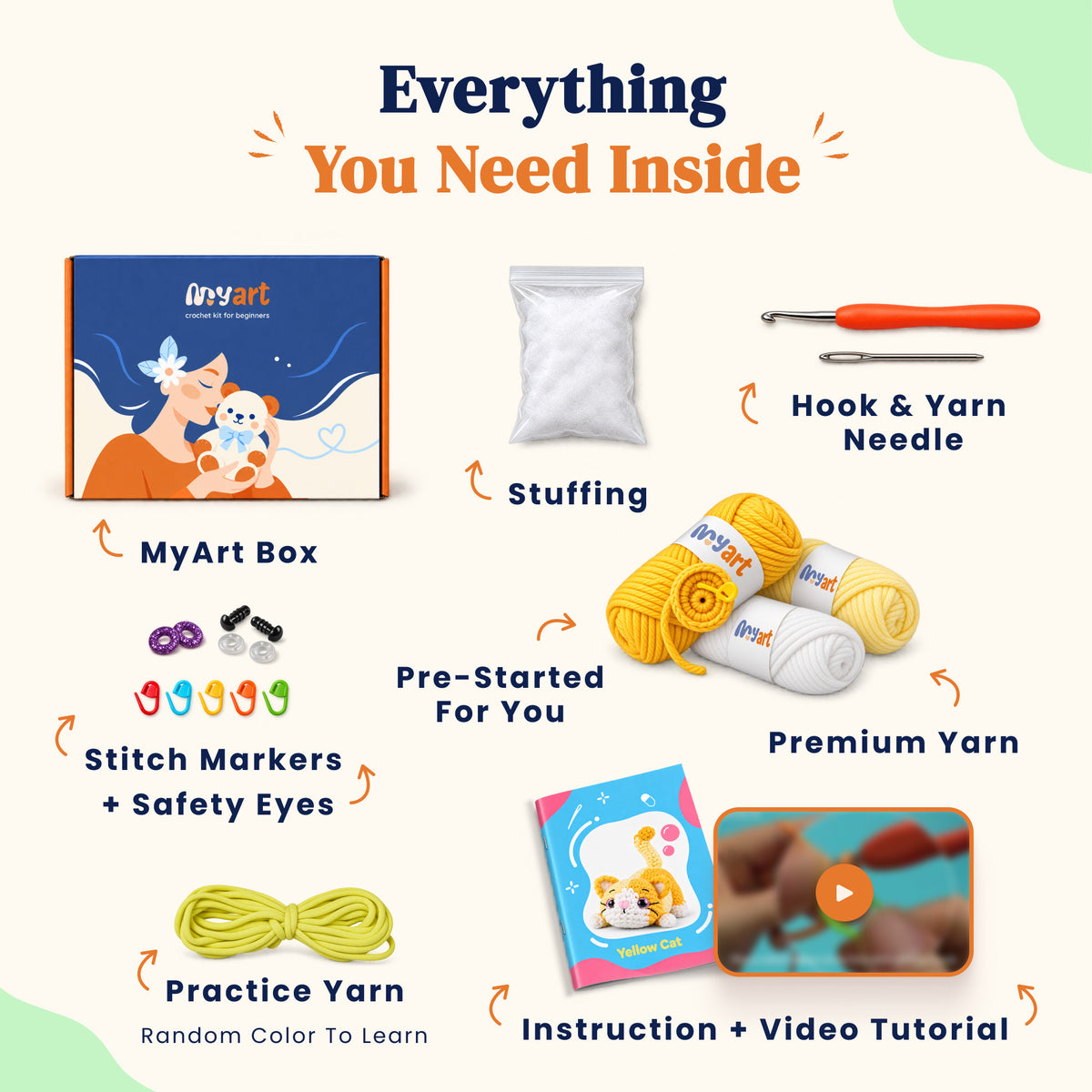 Contents and illustrated project guide for the Buttercup Stretch Cat crochet kit
