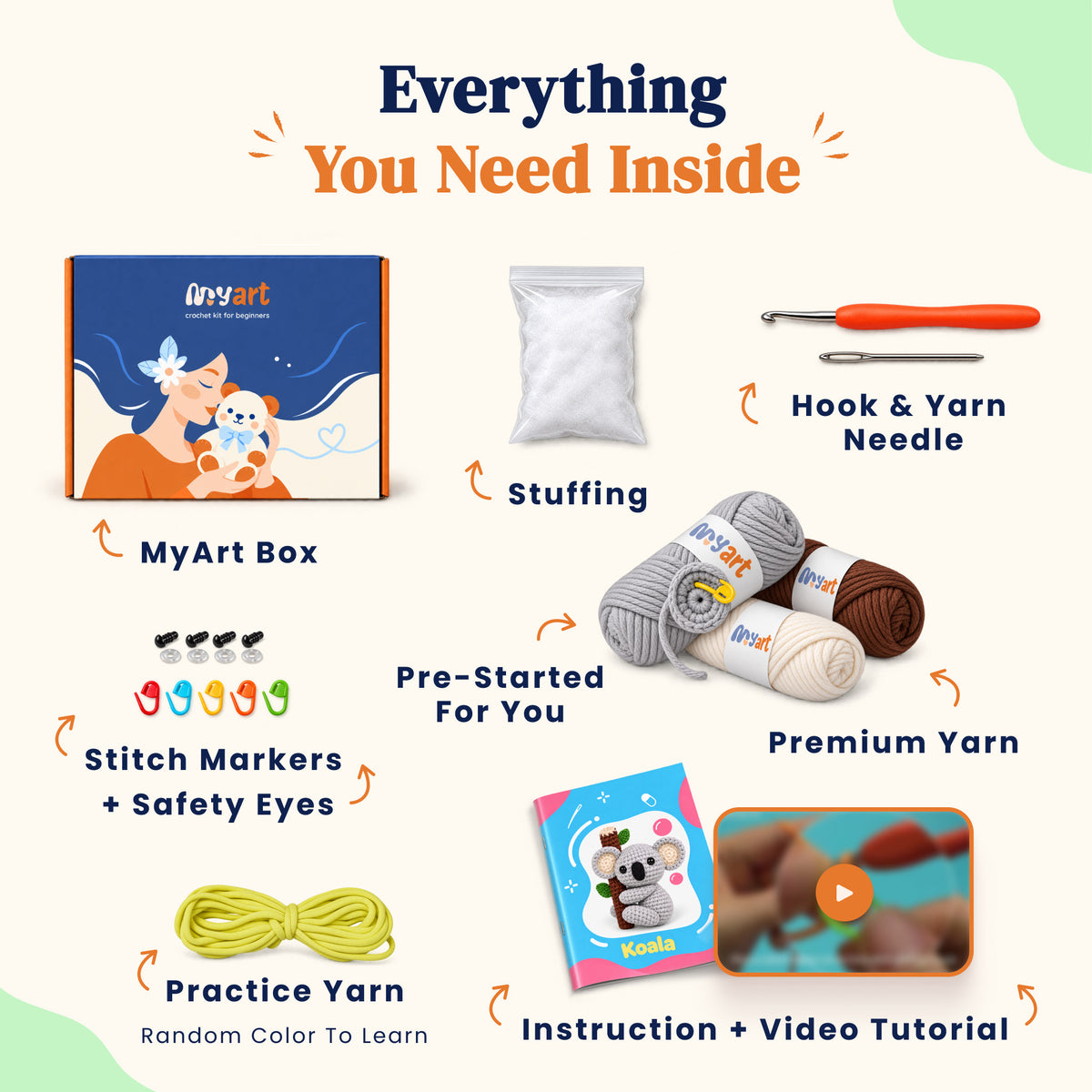 Contents and illustrated project guide for the Eucalyptus Koala crochet kit