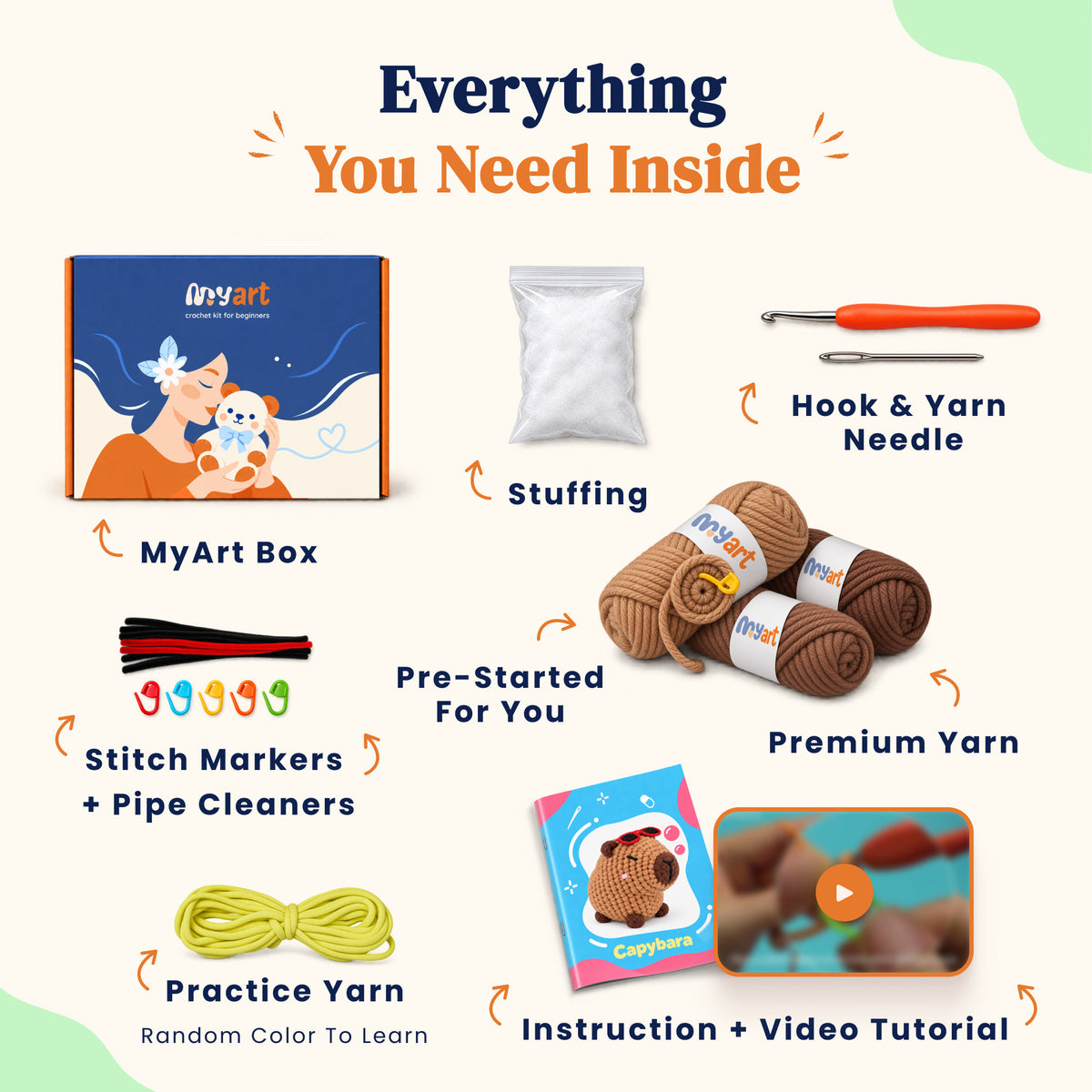 Contents and illustrated project guide for the Sunset Capybara crochet kit