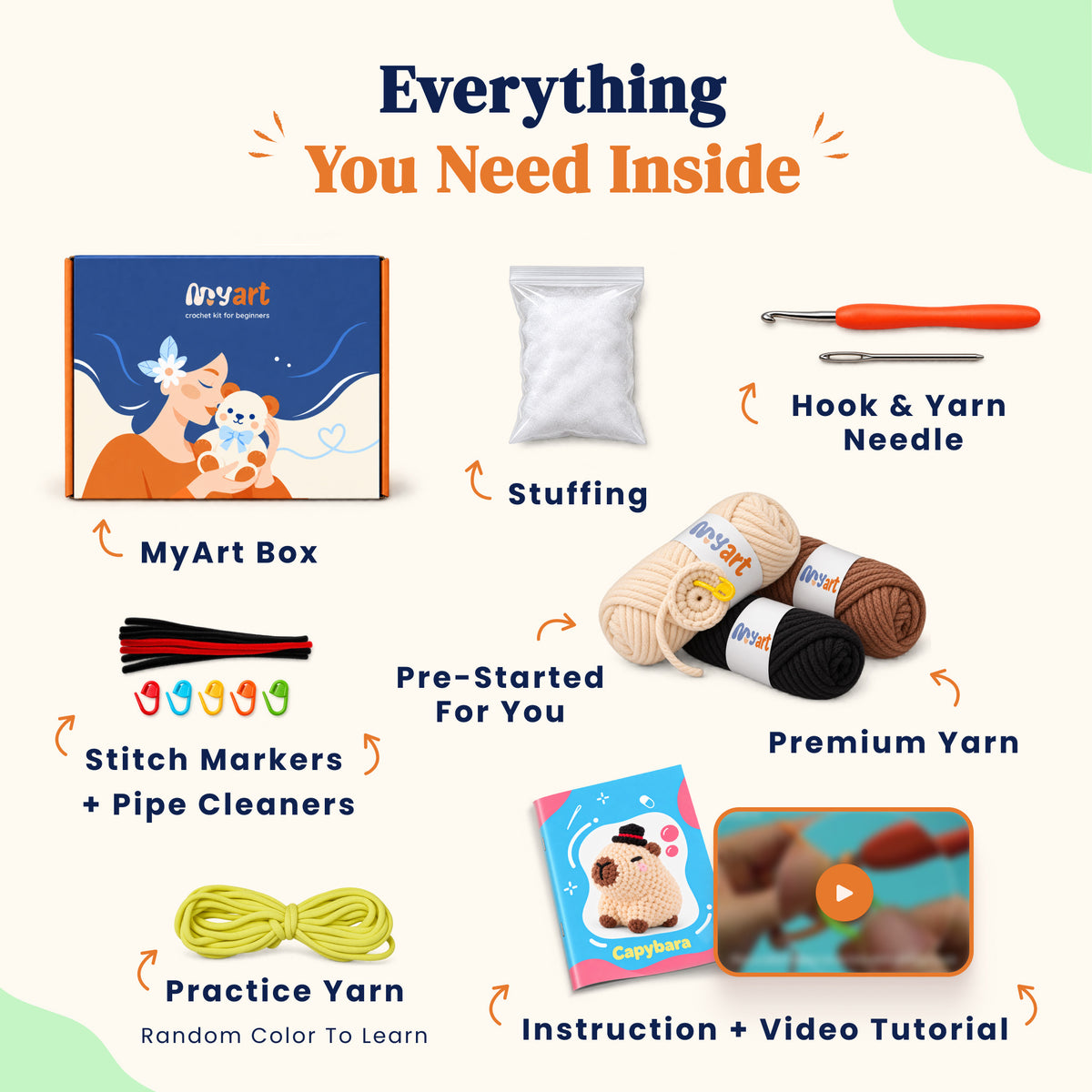 Contents and illustrated project guide for the Dapper Capybara crochet kit