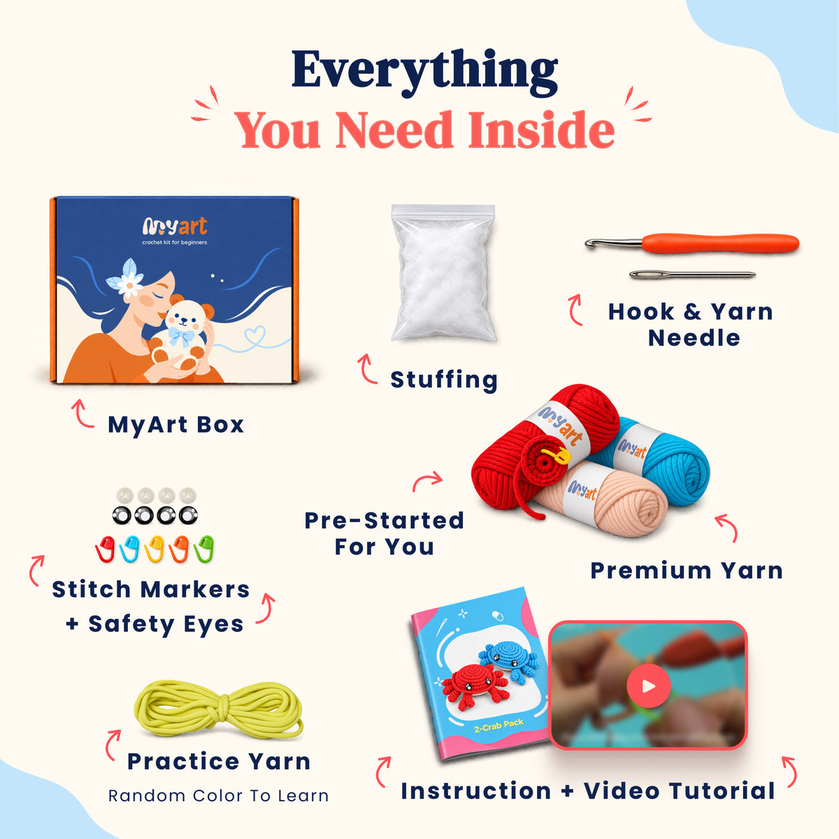 Contents and illustrated project guide for the Little Tide Crab Duo crochet kit
