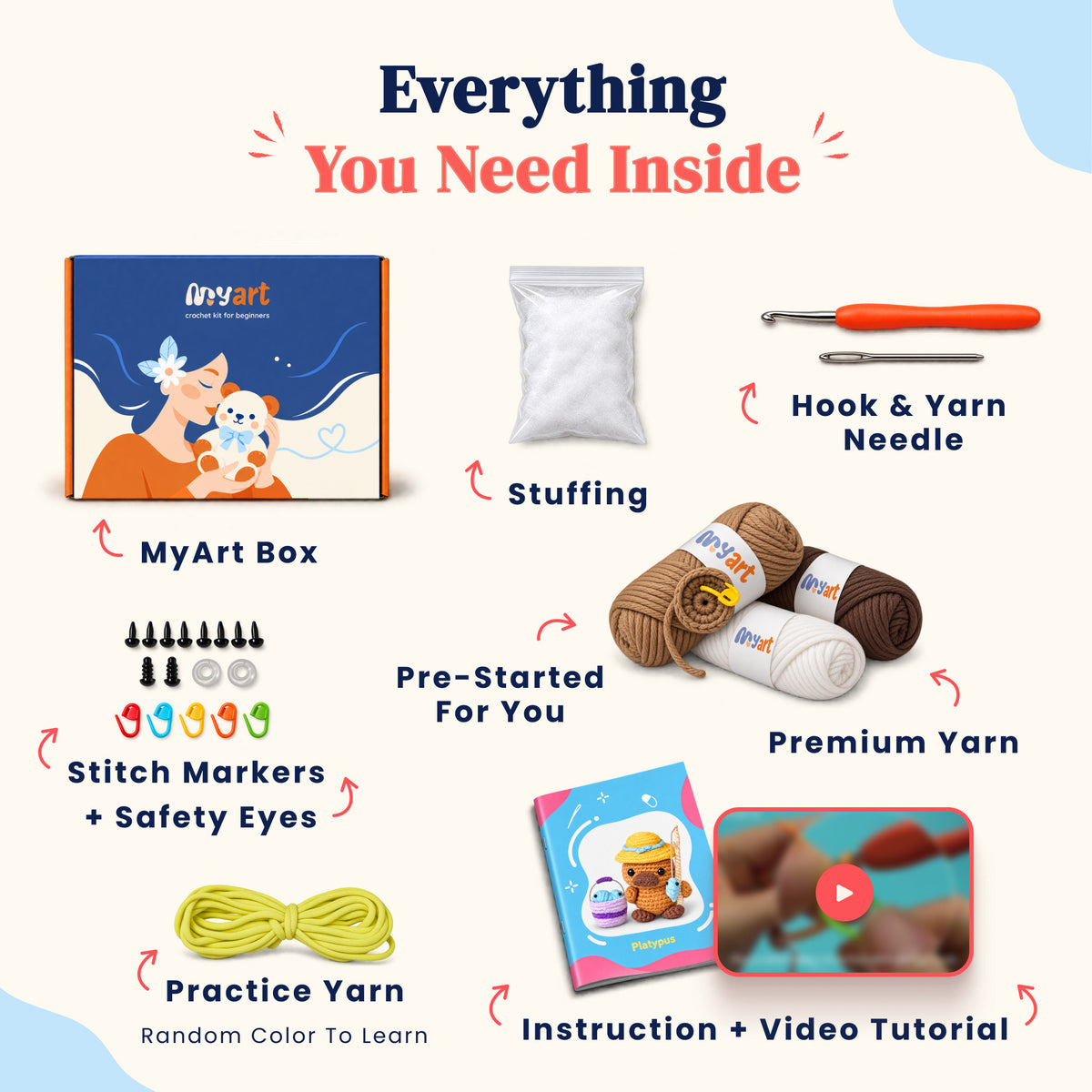 Contents and illustrated project guide for the Gone Fishing Platypus crochet kit