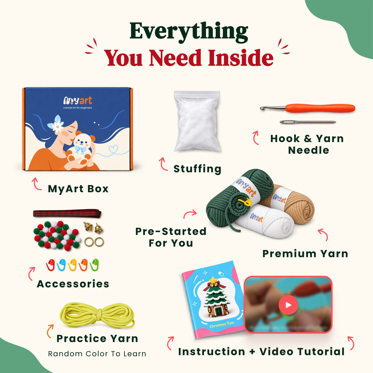 Contents and illustrated project guide for the Christmas Tree Cottage crochet kit