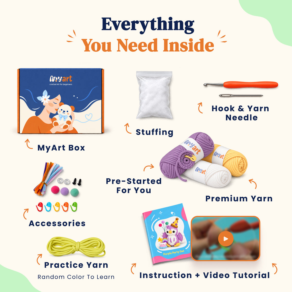 Contents and illustrated project guide for the Lilac Birthday Owl crochet kit