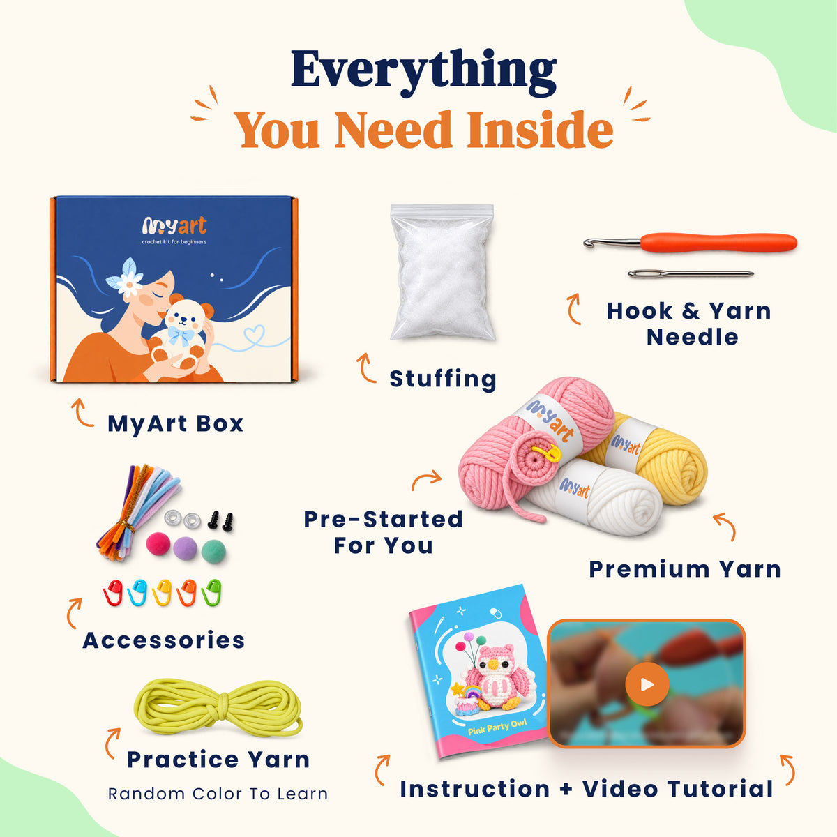 Contents and illustrated project guide for the Blush Birthday Owl crochet kit