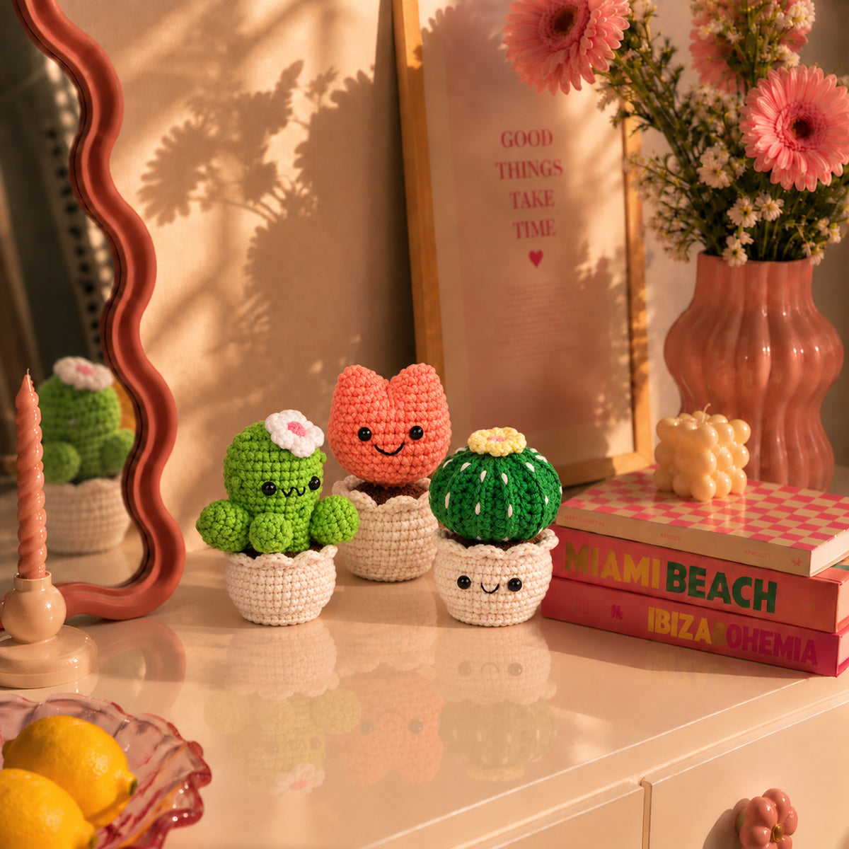 Happy Windowsill Trio: smiling plants in small white pots, displayed in an interior setting
