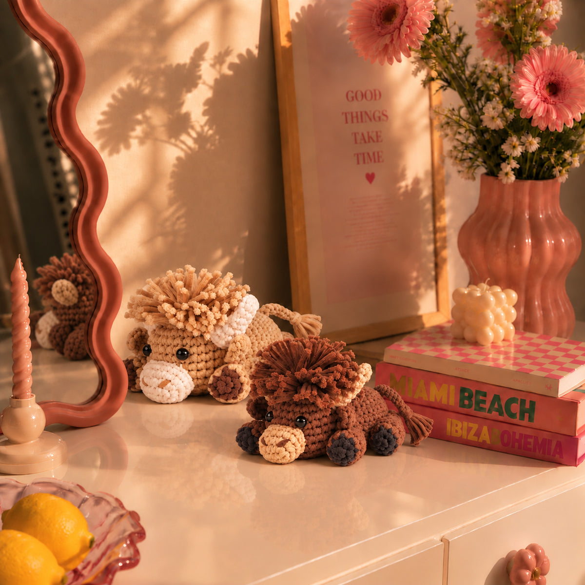 Highland Meadow Cows: cream and brown Highland cows with shaggy coats and small horns, displayed in an interior setting