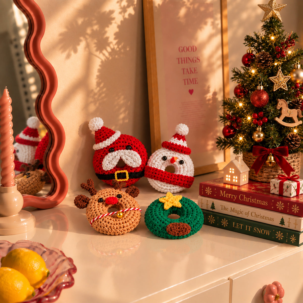 Holly Wreath Quartet: round Christmas character ornaments with festive details, displayed in an interior setting