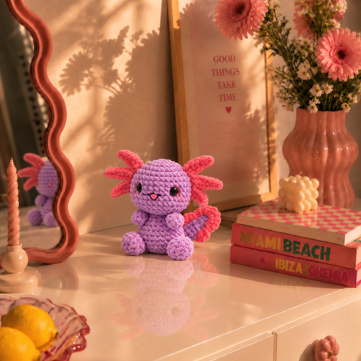 Lilac Axolotl: a lilac axolotl with pink gills and bright dark eyes, displayed in an interior setting