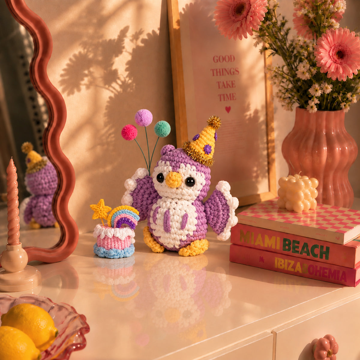 Lilac Birthday Owl: a lilac birthday owl with a cake and balloon details, displayed in an interior setting