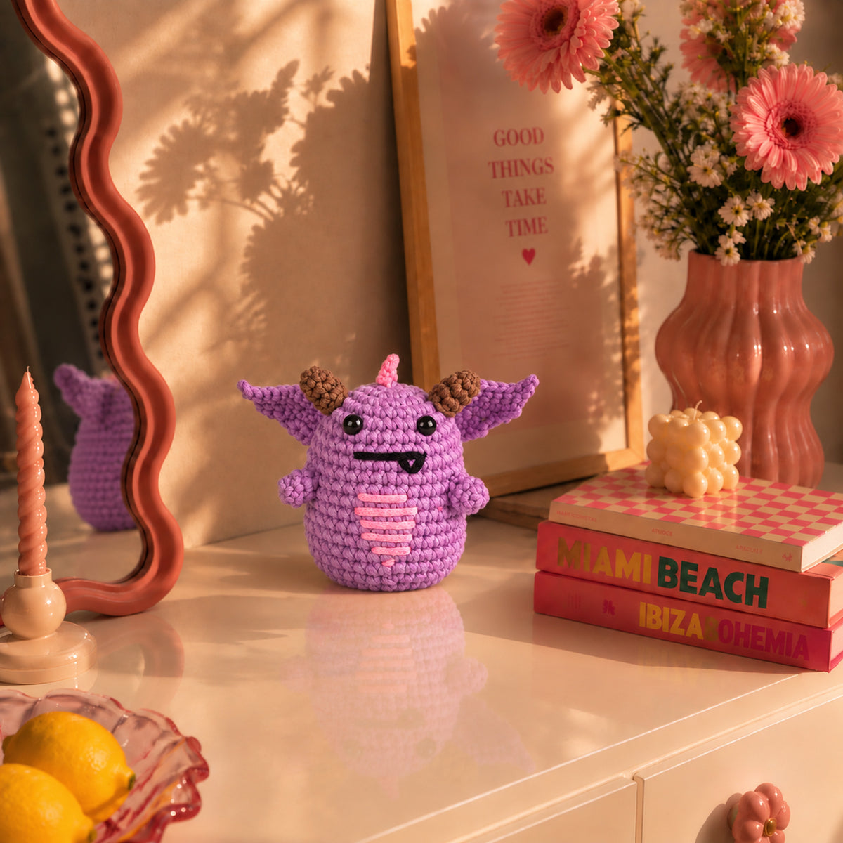 Lilac Little Dragon: a lilac dragon with small horns and wings, displayed in an interior setting