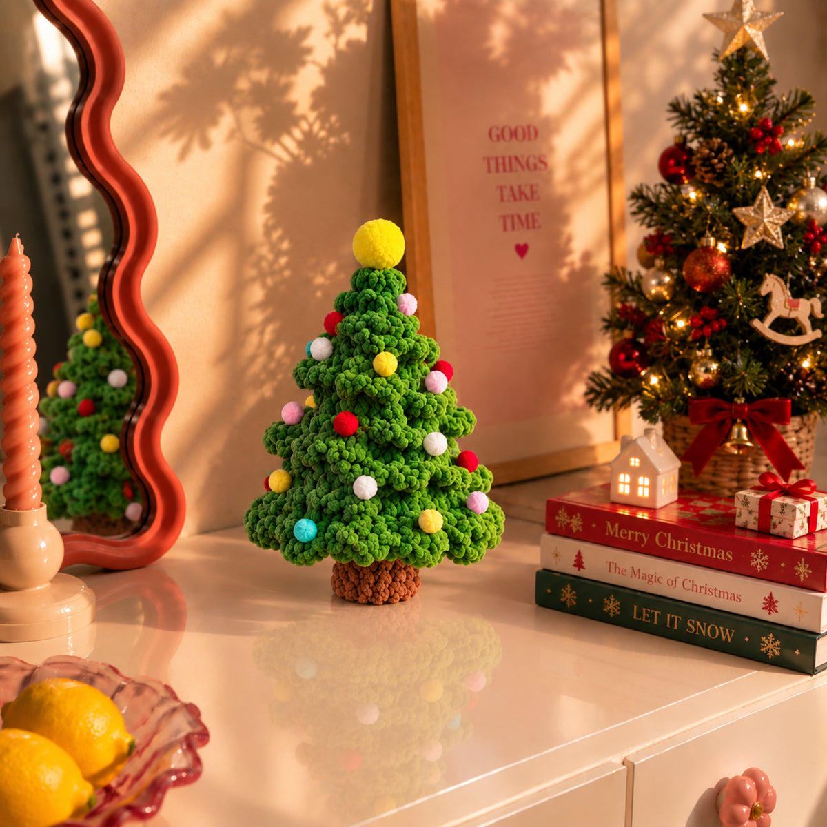 Little Festive Fir: a green fir tree decorated with colourful ornaments, displayed in an interior setting
