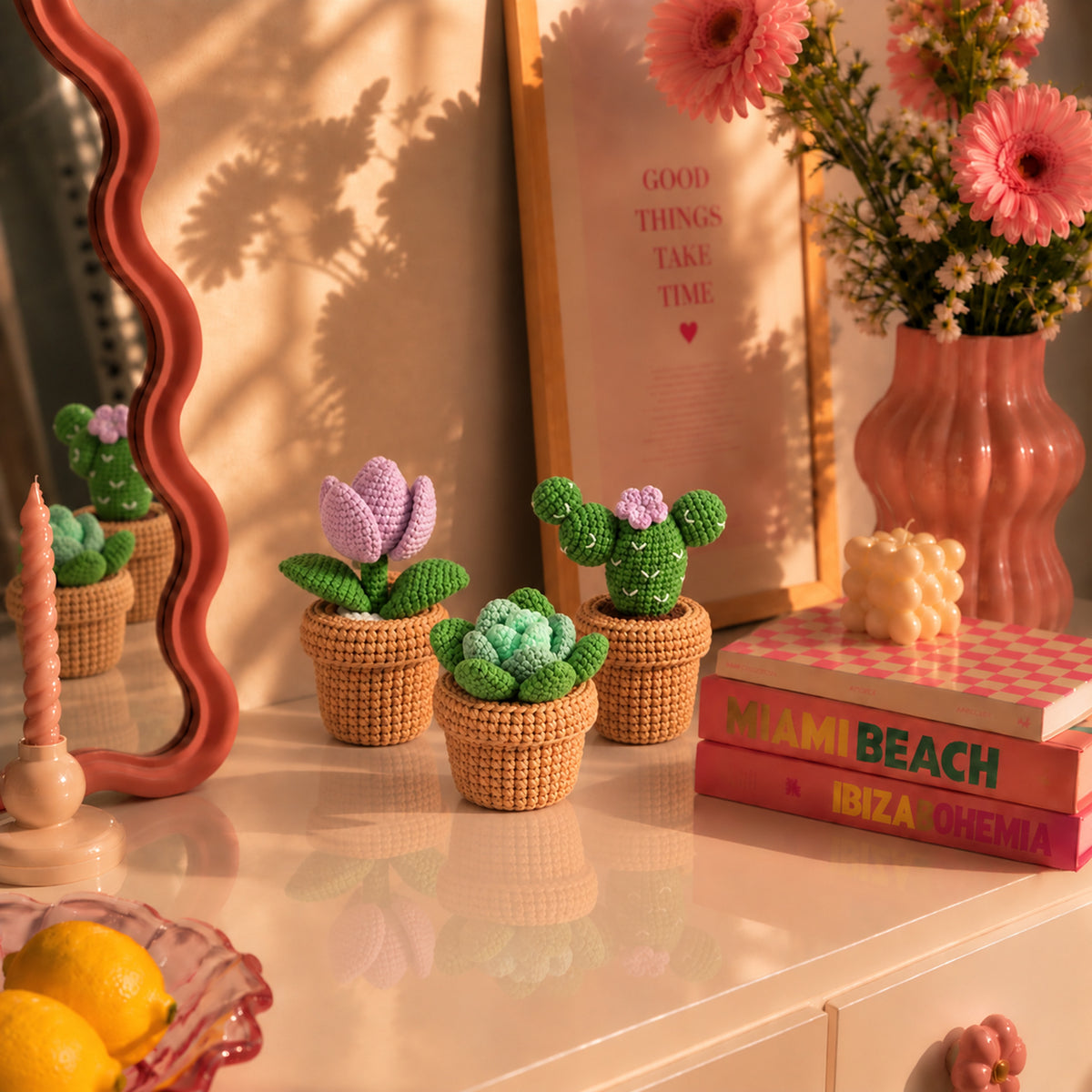 Little Greenhouse Trio: a potted tulip, cactus and succulent, displayed in an interior setting