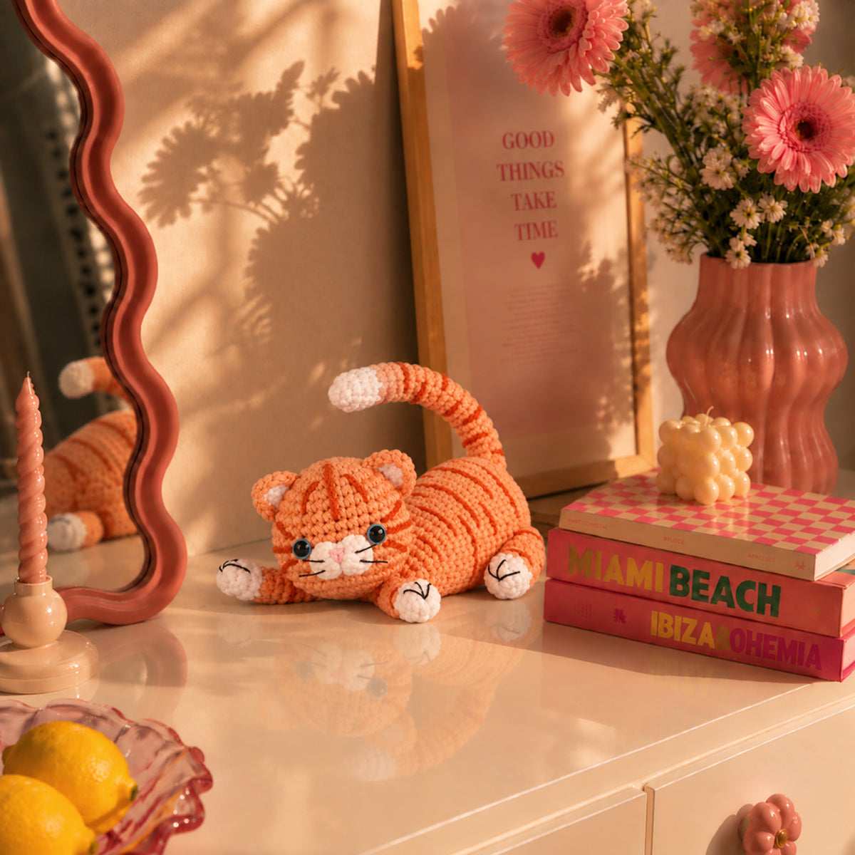Marmalade Stretch Cat: a marmalade striped cat stretching its paws and curling its tail, displayed in an interior setting