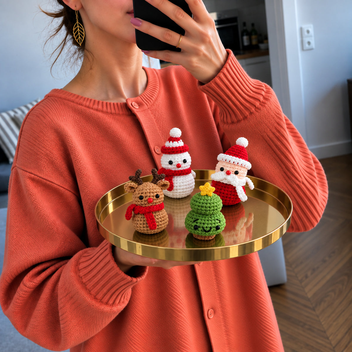 North Pole Mini Crew: Santa, a snowman, a reindeer and a little tree, shown in hand