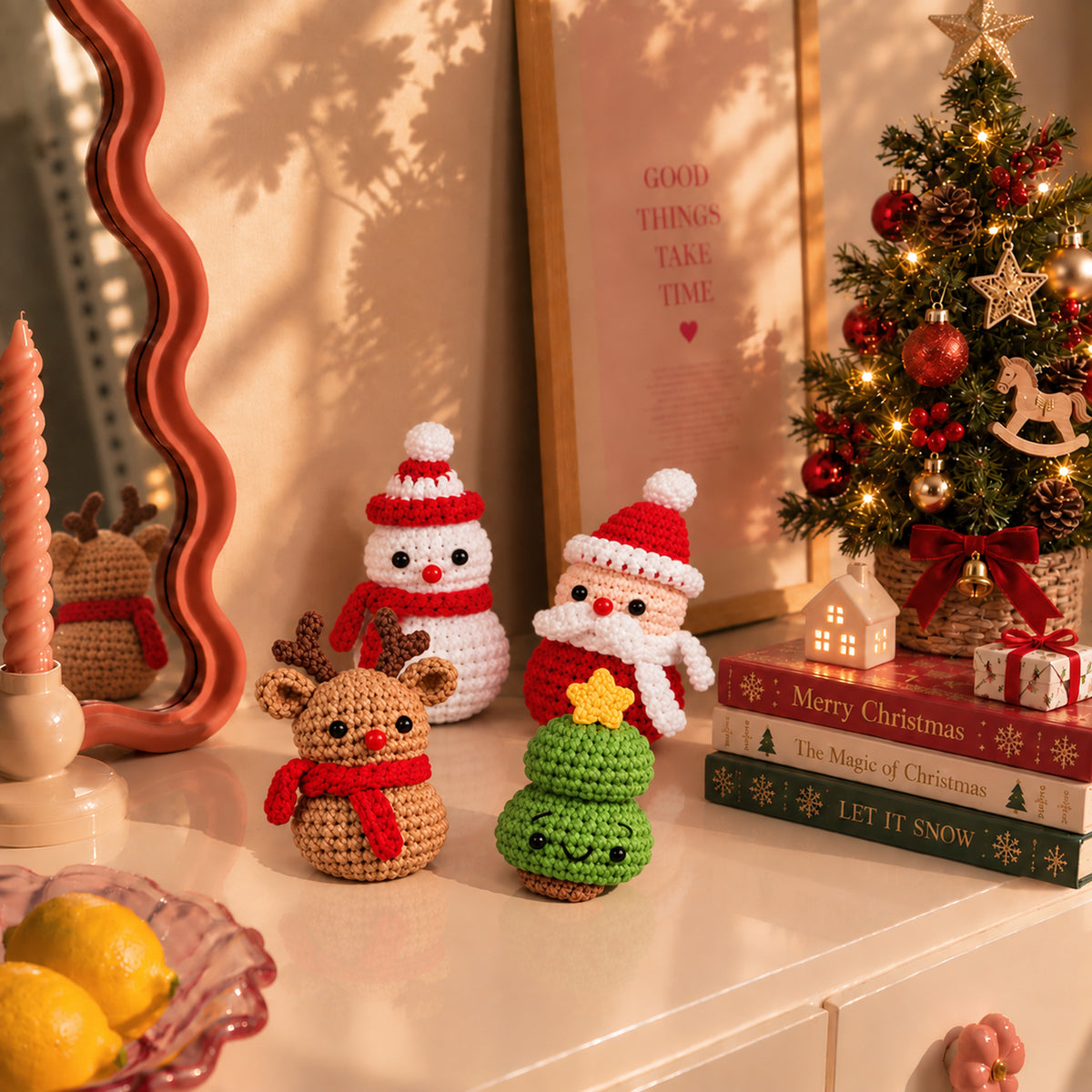 North Pole Mini Crew: Santa, a snowman, a reindeer and a little tree, displayed in an interior setting