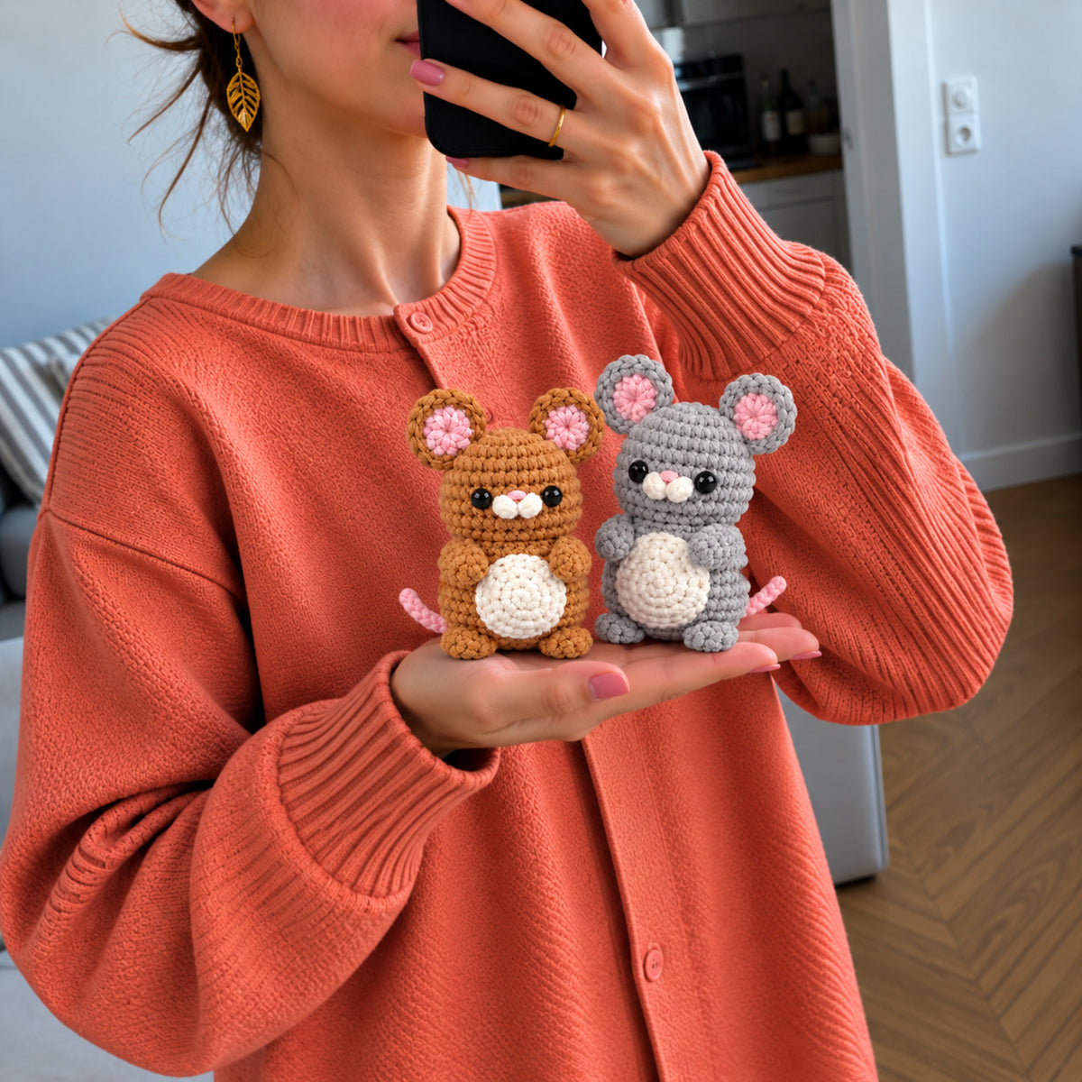 Pocket Mouse Pals: cinnamon and grey mice with large round ears, shown in hand