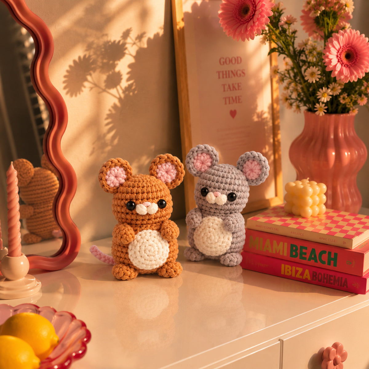 Pocket Mouse Pals: cinnamon and grey mice with large round ears, displayed in an interior setting