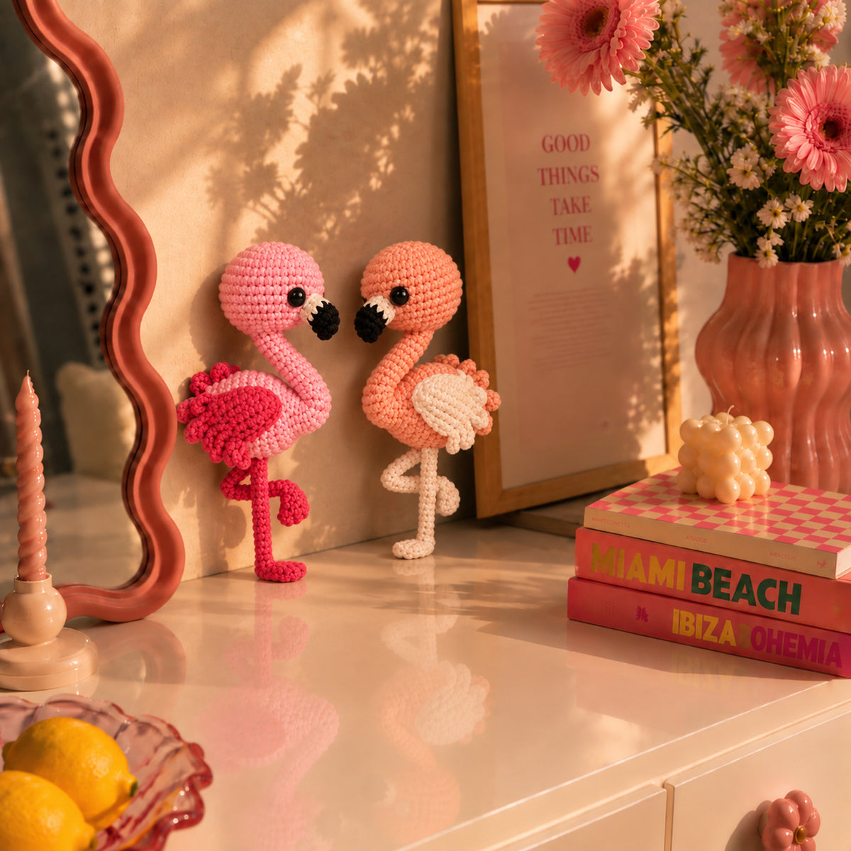 Rosy Lagoon Flamingos: pink and peach flamingos with curved necks and delicate legs, displayed in an interior setting
