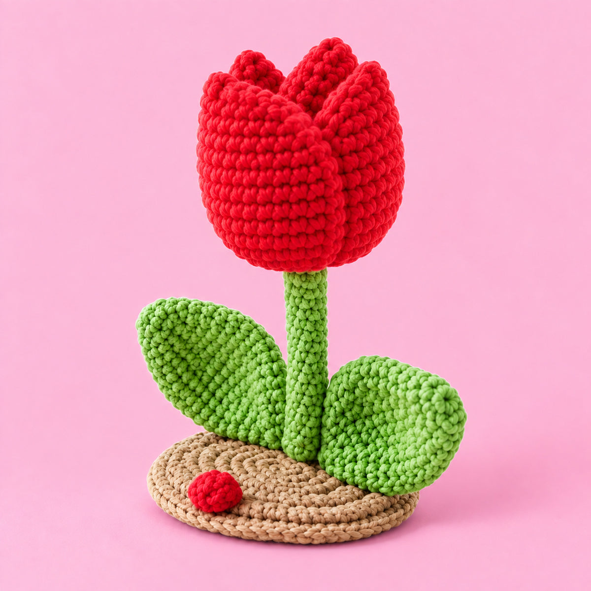 Ruby Tulip: a red tulip with green leaves on a small base