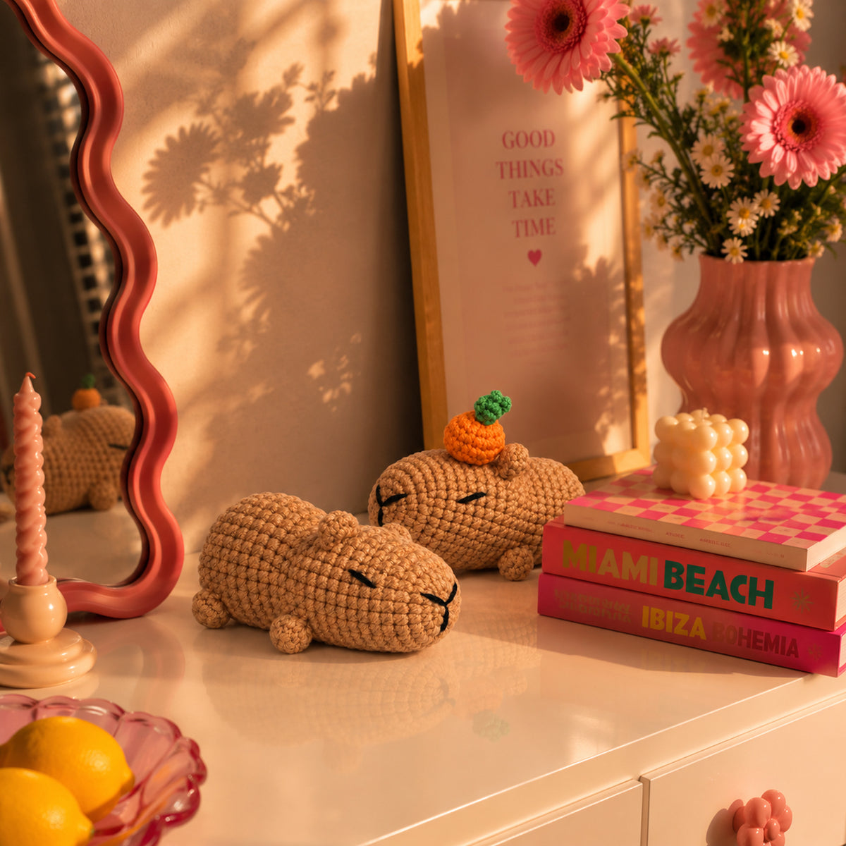 Sleepy Citrus Capybaras: resting capybaras with tiny citrus details, displayed in an interior setting