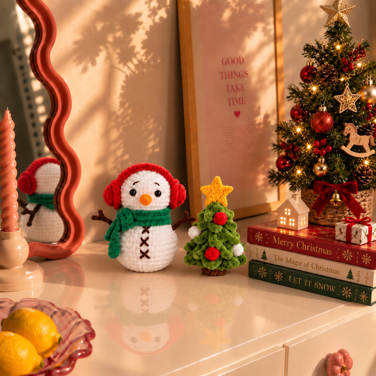 Snow Day Companions: a snowman in a green scarf beside a decorated tree, displayed in an interior setting