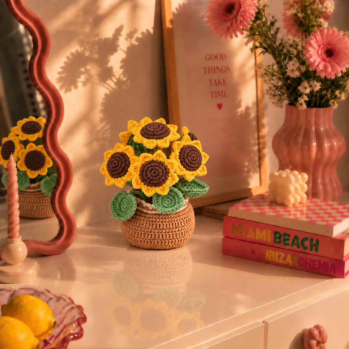 Sunflower Basket: bright sunflowers gathered in a small brown basket, displayed in an interior setting