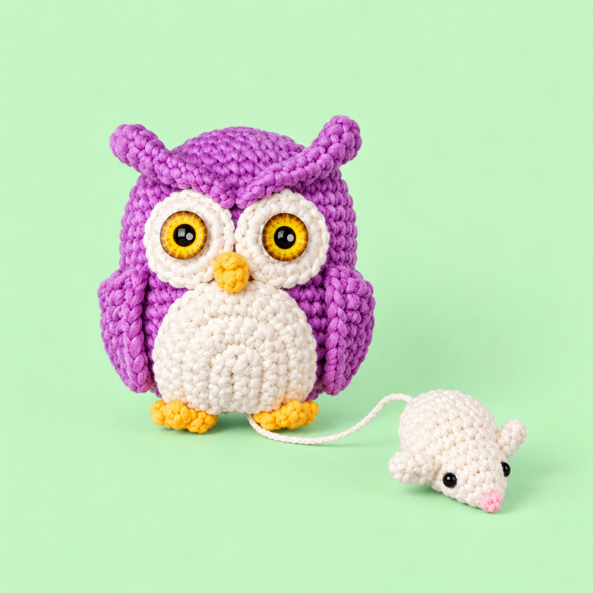 Twilight Owl and Mouse: a violet owl alongside a tiny cream mouse