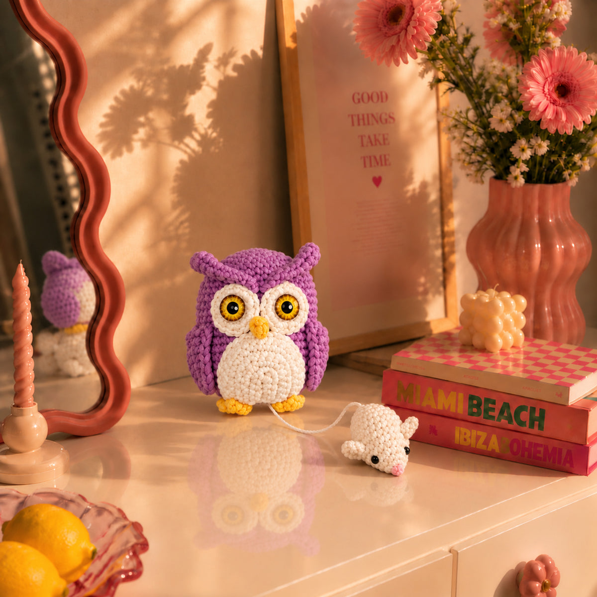 Twilight Owl and Mouse: a violet owl alongside a tiny cream mouse, displayed in an interior setting