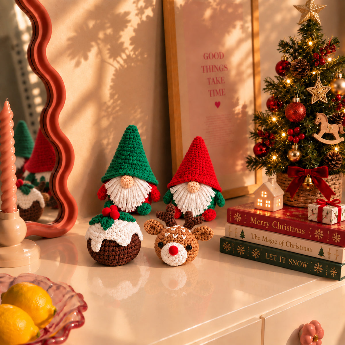 Winter Gnome Gathering: winter gnomes beside pudding and reindeer designs, displayed in an interior setting