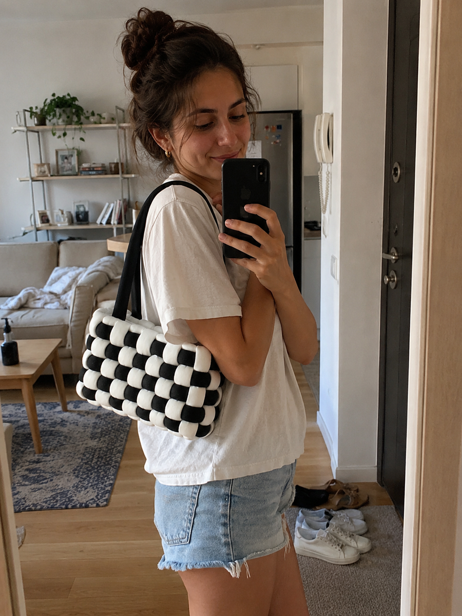 Crafter showing a handmade black and white bag