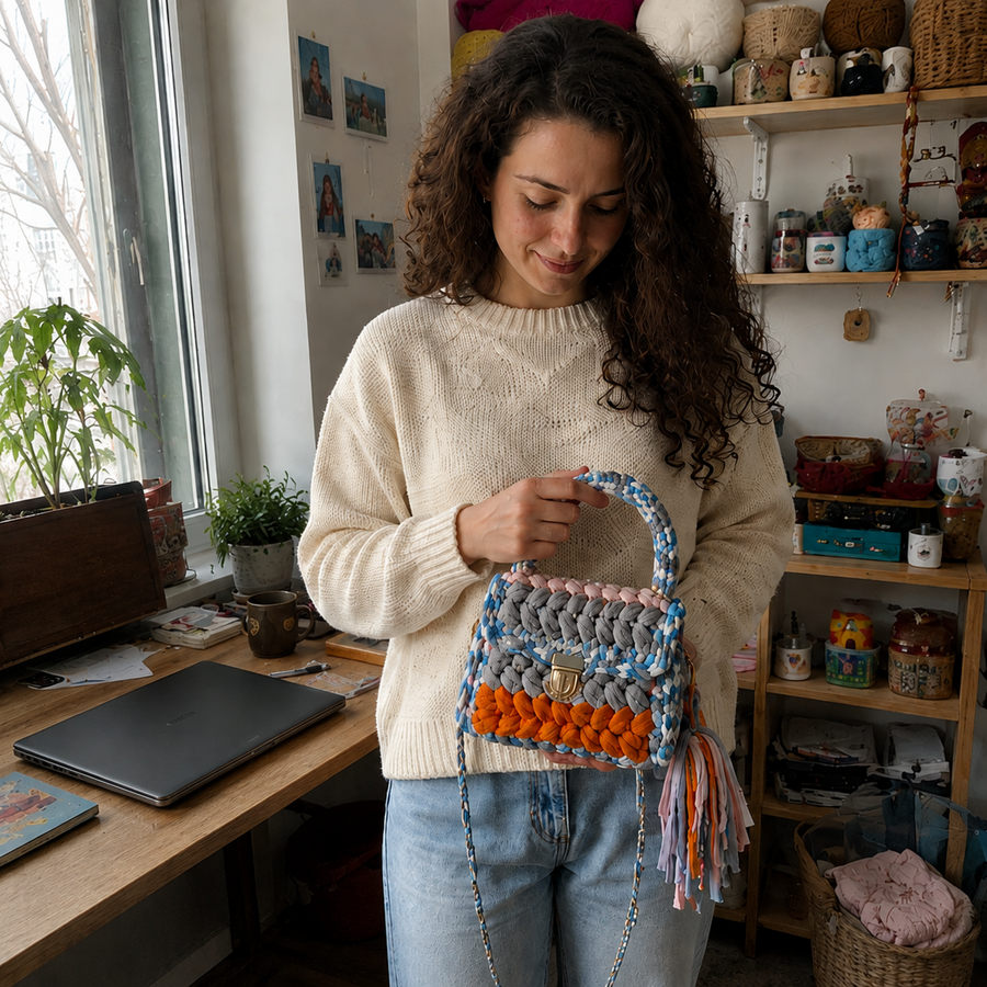 Crafter showing an orange and blue striped bag