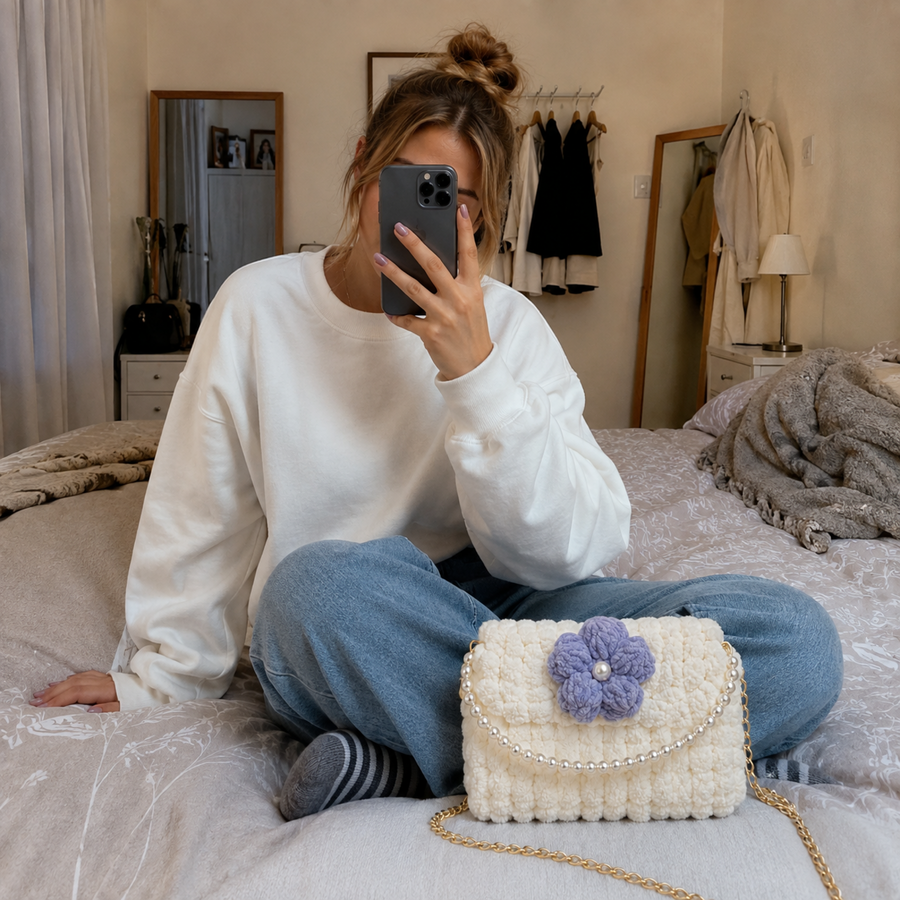 Crafter seated with a white handmade bag
