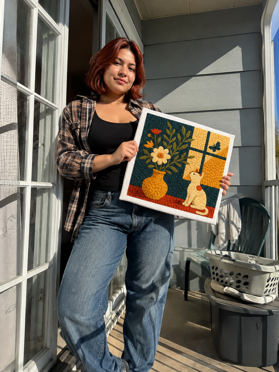 Painter standing beside a finished canvas