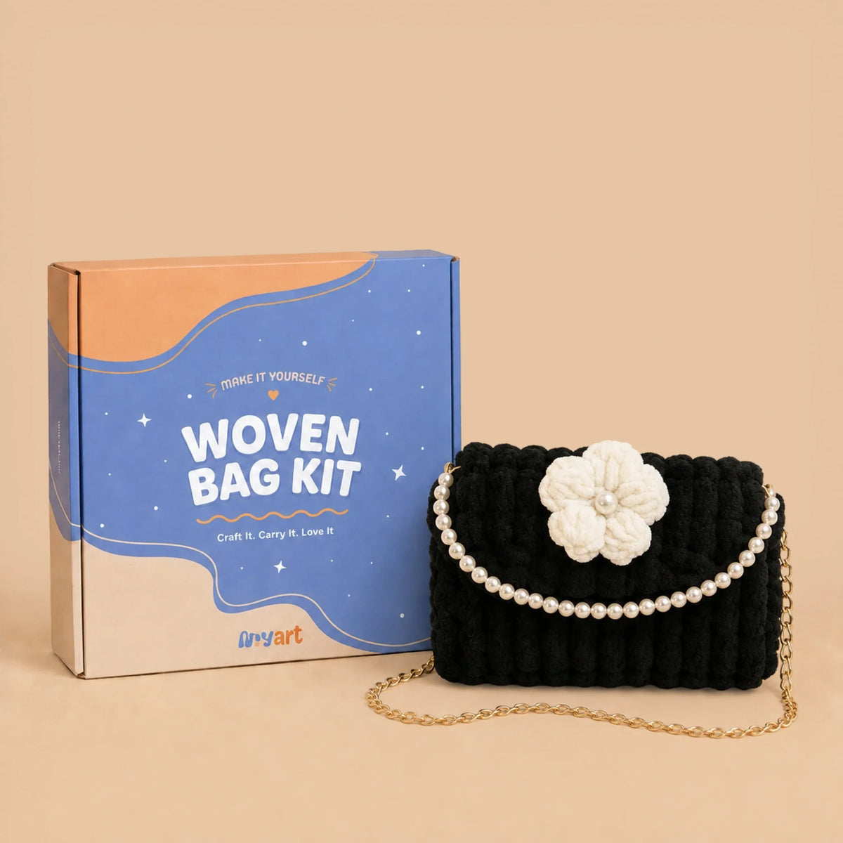 Flower Pearl Shoulder Bag, black with an ivory flower: bag and MyArt kit box.