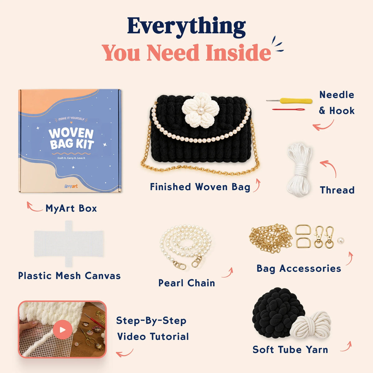 Flower Pearl Shoulder Bag, black with an ivory flower: kit contents.